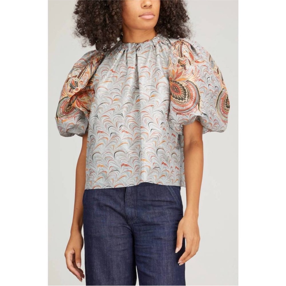 Ulla Johnson || Lorena Top in Chalcedony Puff Short Sleeves Blue Orange Blouse 6